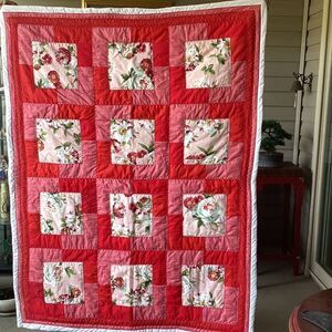 NWT. Floral Red and Pink Peonies Hand Crafted Quilt